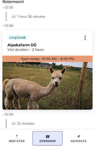 Plan overview with Alpaca Farm stop navigation view within Plaan app